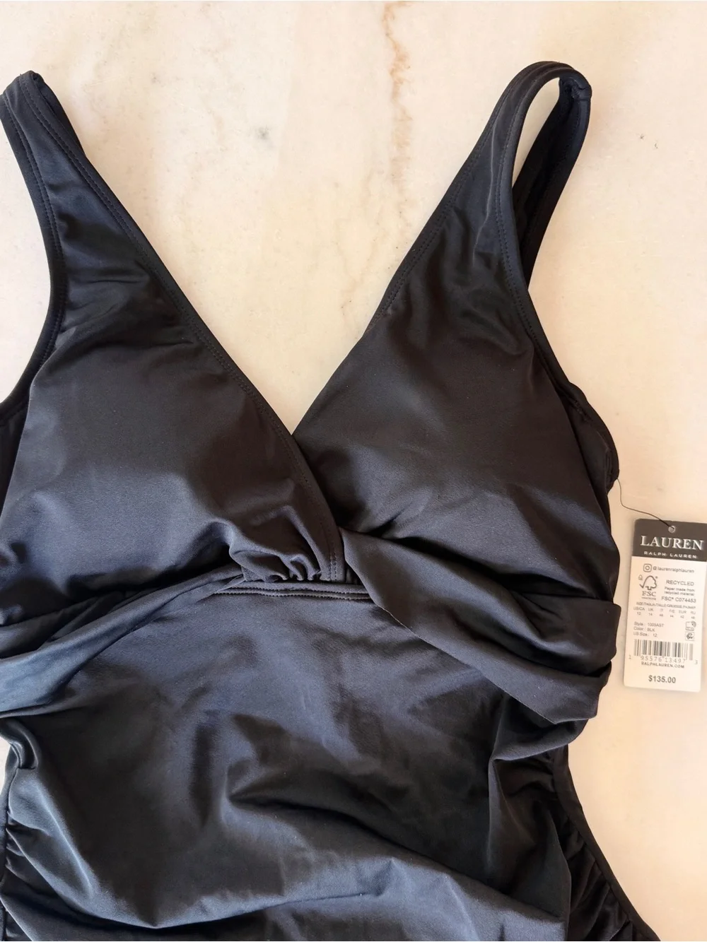 Ralph Lauren Black V-Neck One-Piece Swimsuit - Picture 2 of 4